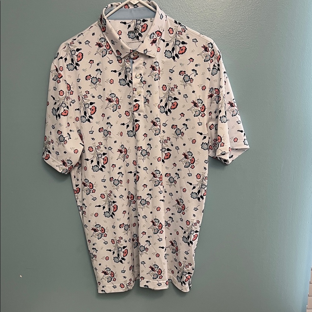 Puma Men's Floral 3 Button Golf Shirt - White/Pink/Blue and Red Sz L